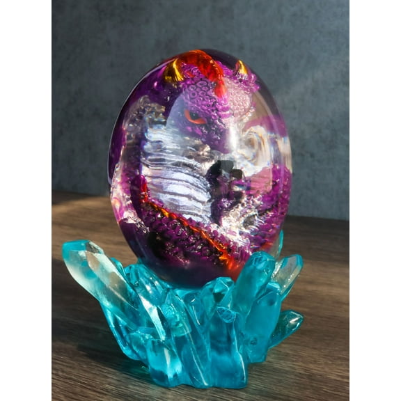 Purple Fossil Dragon Hatchling Sleeping in Crystal Acrylic Glass Egg Figurine