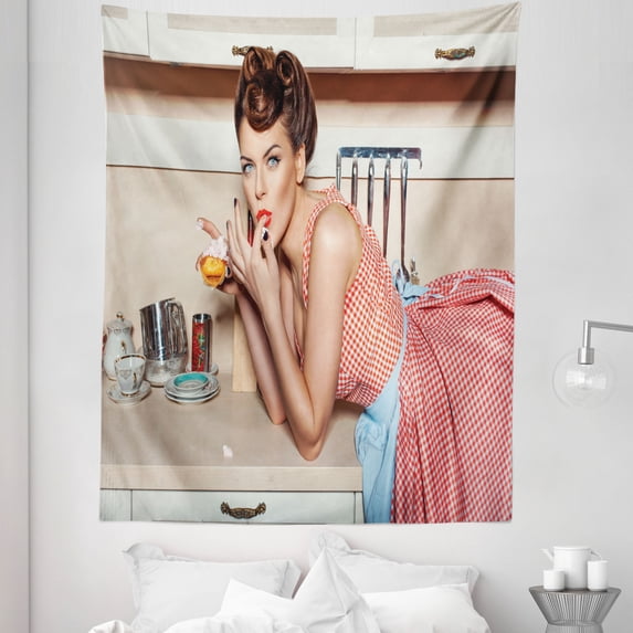 Pin up Girl Tapestry, Blue Eyed Woman Eating Cake and Licking Her Fingers Victory Rolled Hairs, Fabric Wall Hanging Decor for Bedroom Living Room Dorm, 5 Sizes, Multicolor, by Ambesonne