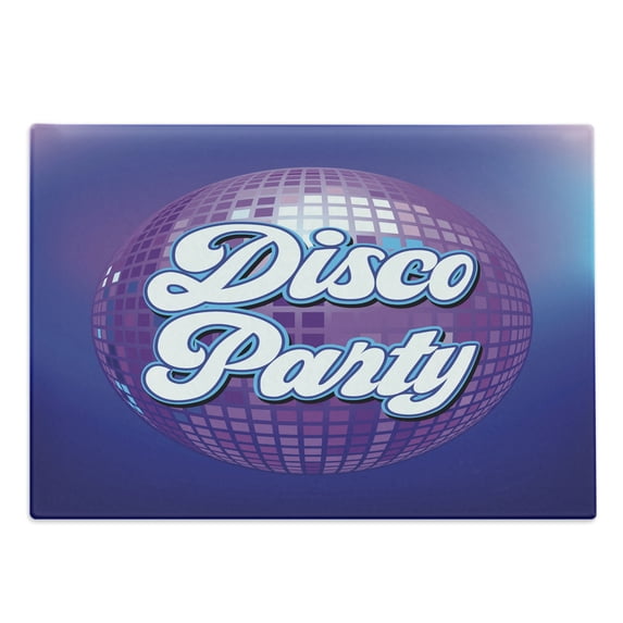 70s Party Cutting Board, Retro Lettering on Disco Ball Night Club Theme Dance and Music Art Print, Decorative Tempered Glass Cutting and Serving Board, Large Size, Purple Blue White, by Ambesonne