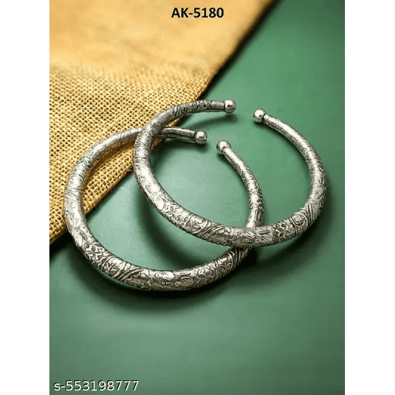 Traditional Heavy Oxidised Silver Kada Payal Anklet Set for Women – Engraved Antique Design