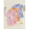 thumbnail image 3 of Loicainy Baby Toddler Girls Easter Summer Outfits 6 12 18 24 Months 2T 3T Short Sleeve Crew Neck Bunny Carrot Embroidery Tops and Elastic Waist Striped Shorts Clothes Set, 3 of 9