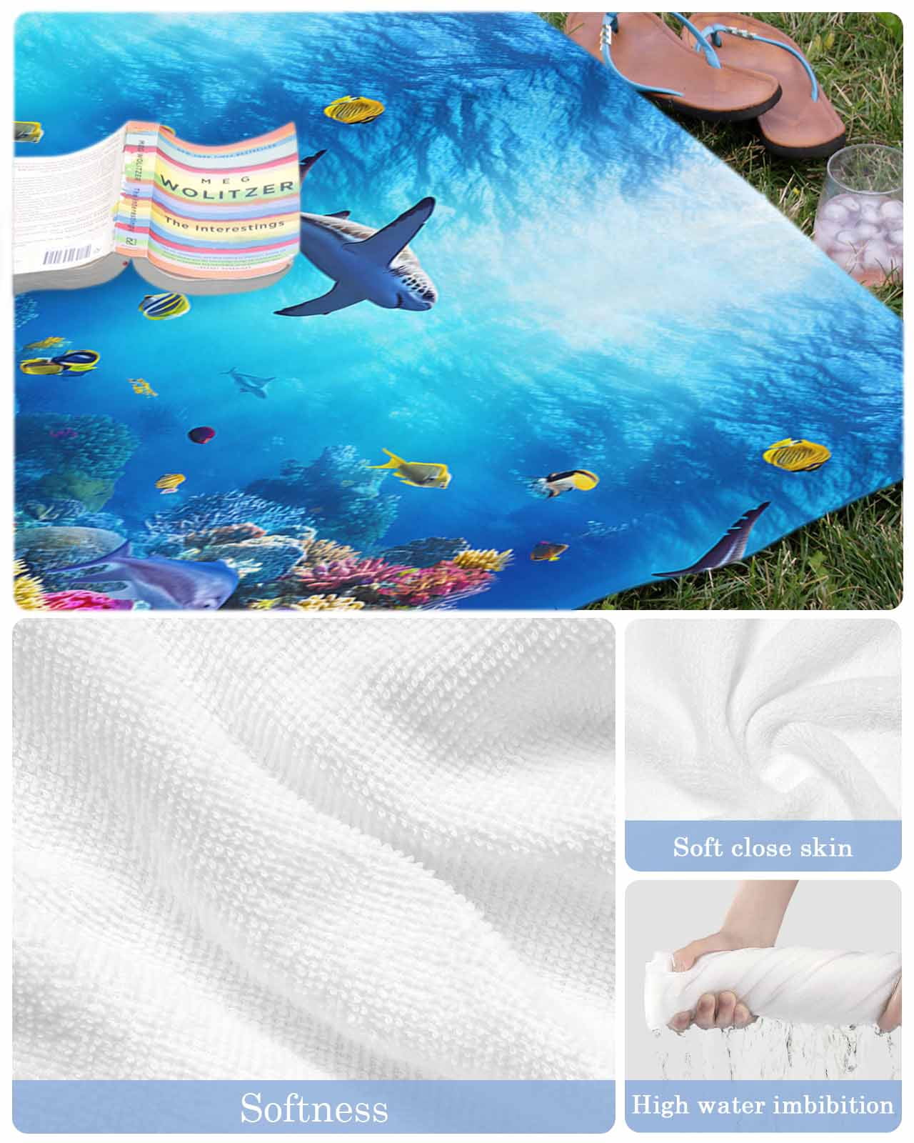 Shark Beach Towels Oversized Super Absorbent, Blue Ocean Underwater Animal Coral Tropical Fish Lightweight Bath Towel Quick Dry Sets For Bathroom/Pool/Rv Camping/Beach Play/Gym Room/Picnic 23"x47"