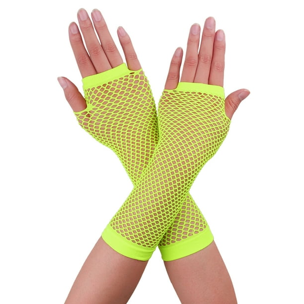 Guantes de red sin dedos para mujeres, accesorios de disfraz de fiesta de los años 1980, 2 pares, amarillo fluorescente, largo-2 pares