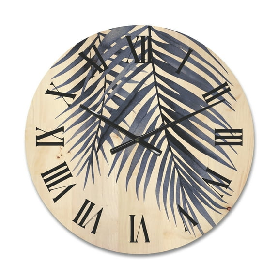 Designart 'Abstract Blue Palm Leaves Tropical Branches' Traditional Wood Wall Clock