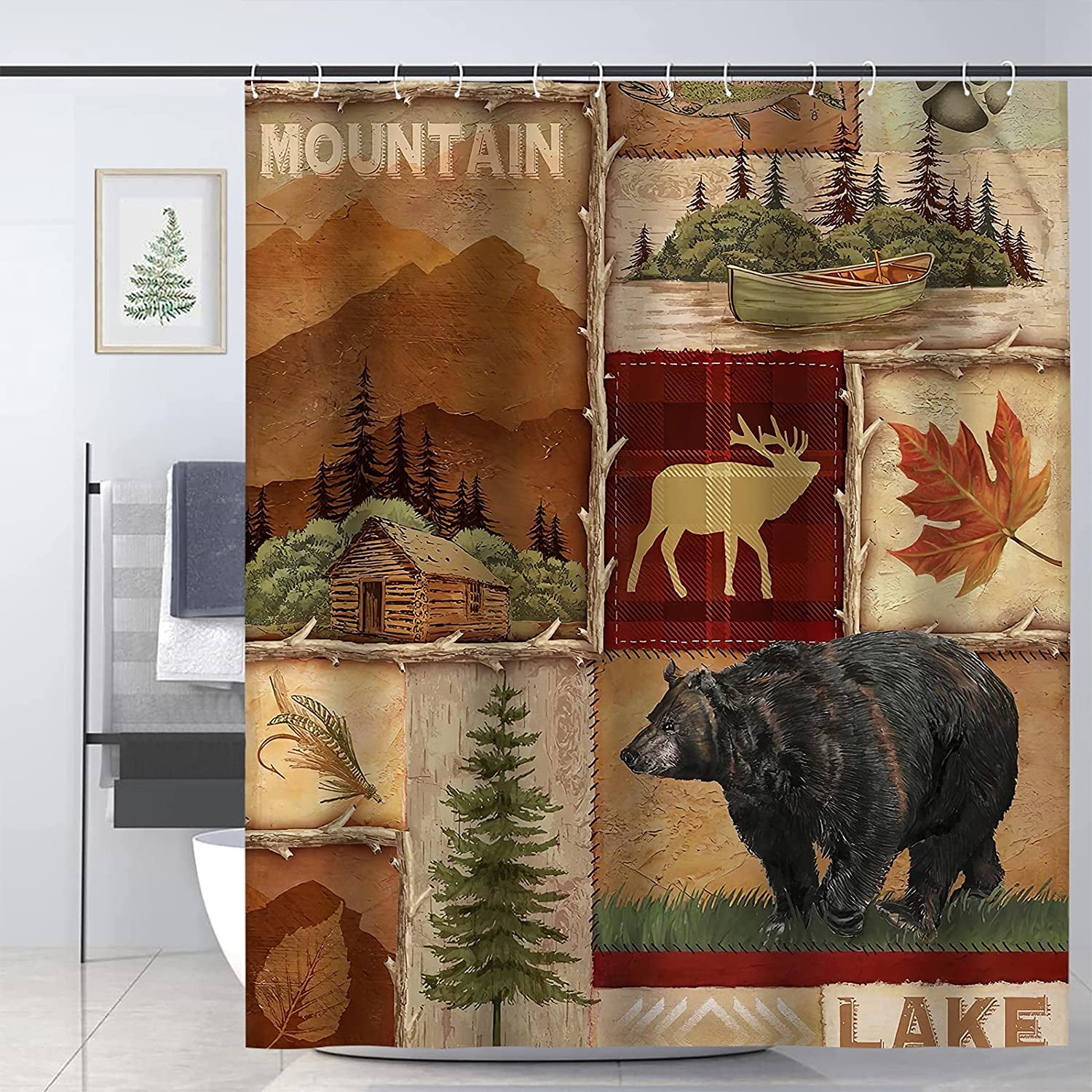 Cabin Shower Curtain Maple Leaf Fishing Moose Deer Bear Country Rustic