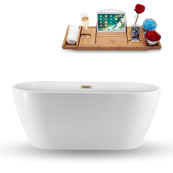 59" Streamline N880BBR Soaking Freestanding Tub and Tray With Internal Drain in Brushed Brass