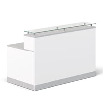 Esquire Glass Top Reception Desk 63"W x 32"D White Laminate/Silver Laminate Desktop Kickplate and Accents/Glass Top