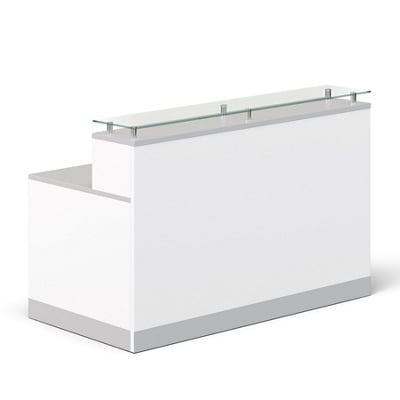 Esquire Glass Top Reception Desk 63"W x 32"D White Laminate/Silver Laminate Desktop Kickplate and Accents/Glass Top