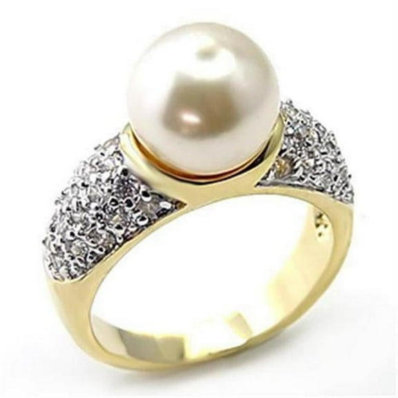 Gold & Rhodium 925 Sterling Silver Ring with Synthetic Pearl, White - Size 5