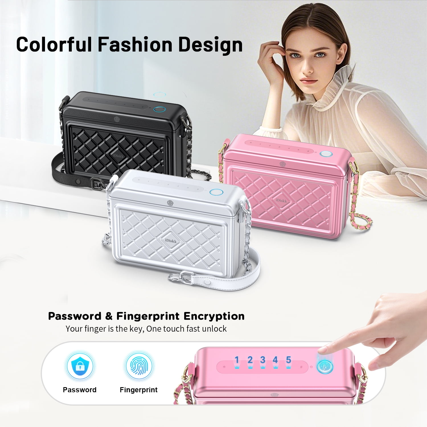 iDiskk MFi Certified 2-in-1 Security Lockable Crossbody Bag with Fingerprints Lock for Women, Shoulder Bag Anti-Theft with Fingerprint & Password Unlocking Built-in 8000mAh 1-Pack Pink
