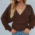 thumbnail image 4 of Hinvhai Plus Size Sweater Tops On Seasonal Clearance Women's V-Neck Winter Pearl Solid Long Sleeve Pullover Tops Sweaters Coffee 8(L), 4 of 5