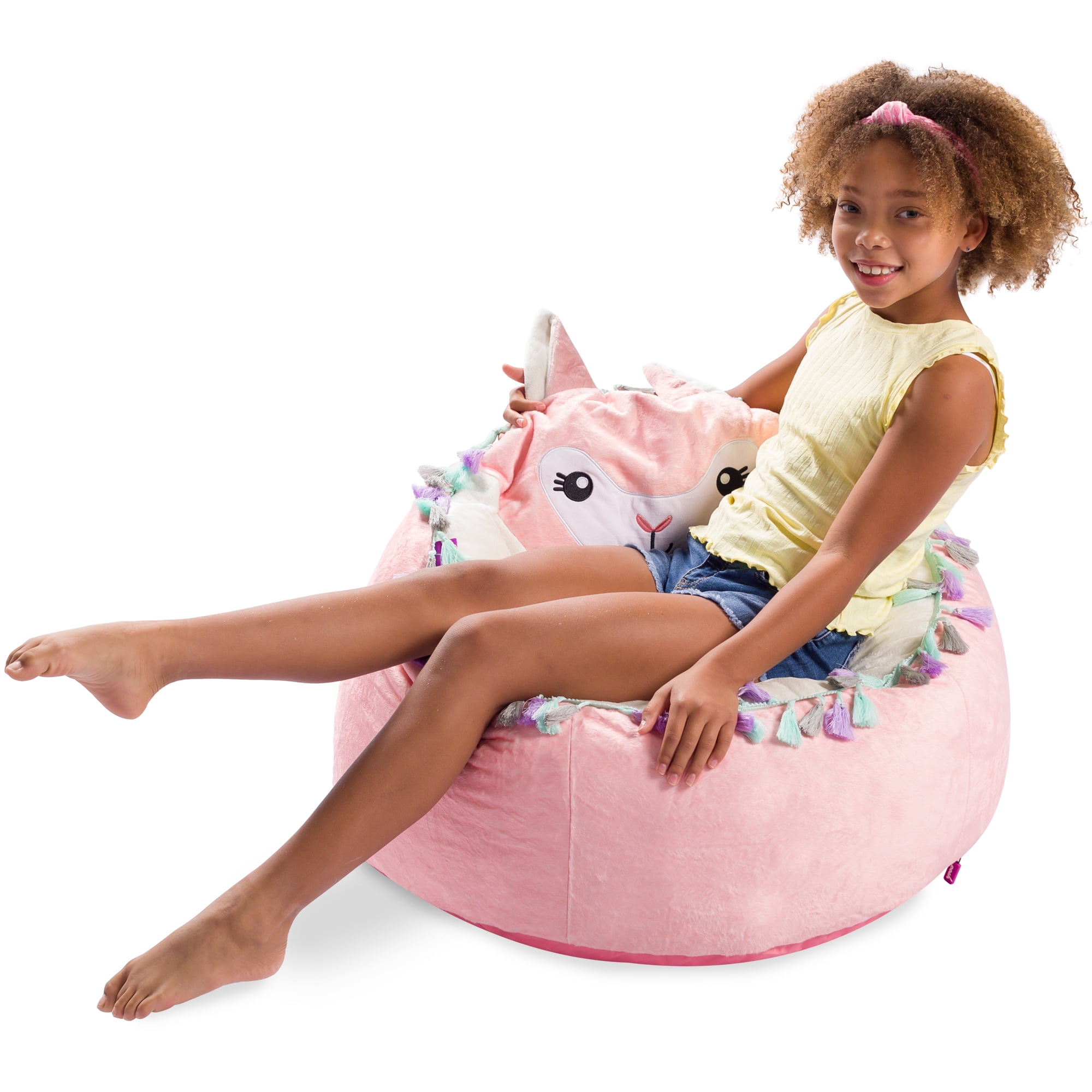 Posh Creations Cute Soft Bean Bag Chair for Kids, Furry, 2.5ft, Large, Animal - Pink Llama