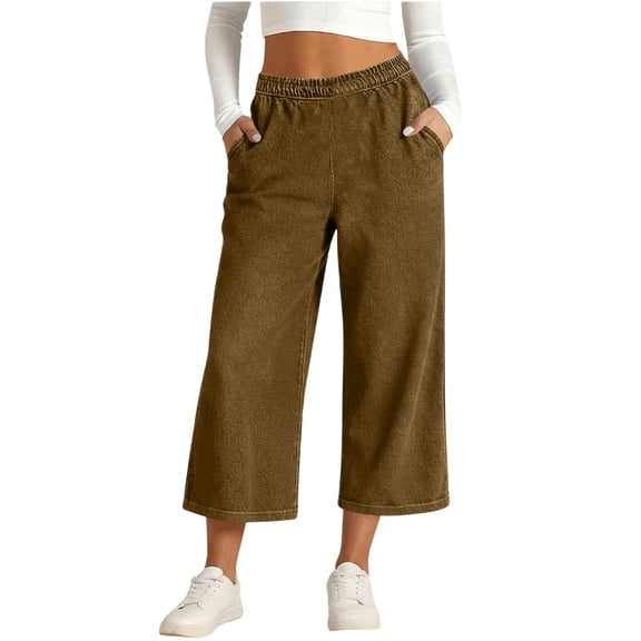 ADSSDQ Capri Jeans for Women Wide Leg Jeans Woman Stretchy Pull On Jeans High Waist Denim Jean Capris Pant with Pocket Brown S