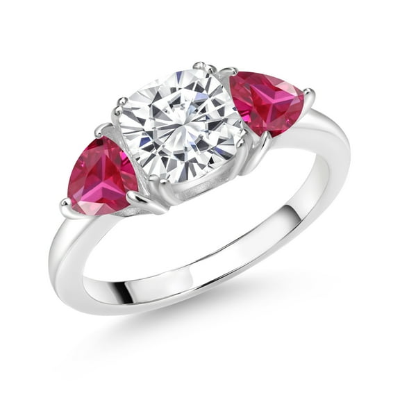 Gem Stone King 925 Sterling Silver White Moissanite and Red Created Ruby 3 Stone Engagement Ring for Women (2.56 Cttw, Gemstone Birthstone, Available in Size 5, 6, 7, 8, 9)