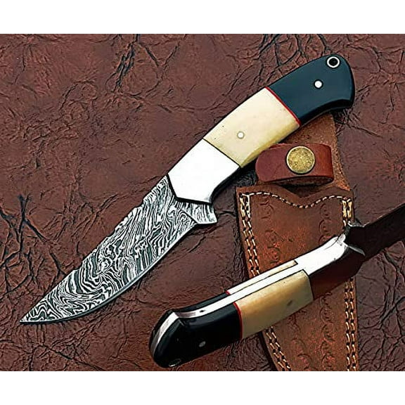 9" Long Straight Back Blade Skinning Knife, Hand Forged fire Pattern Damascus Steel Full Tang Blade, Camel Bone and Bull Horn Scale with Steel Bolster, Cow Leather Sheath