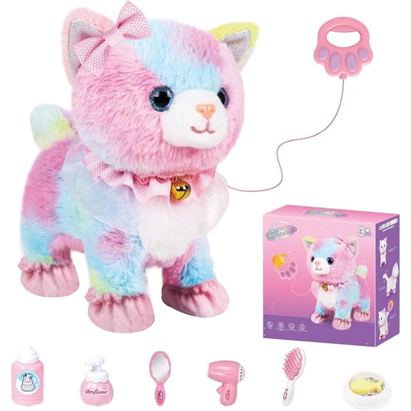 Ludolm Plush Pet Toy Cat with Remote Control Leash Electronic Plush Toy Cat Walks, Barks, Wags Tail and Nods Includes Puppy Accessory for Girls Ages 3+!