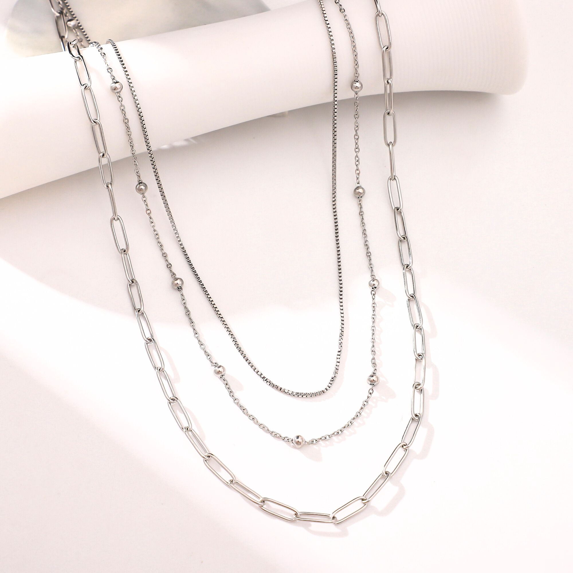 Layered Chain Necklace for Women by Ginger Lyne Silver Tone Stainless Steel Box Bead and Paperclip Chains