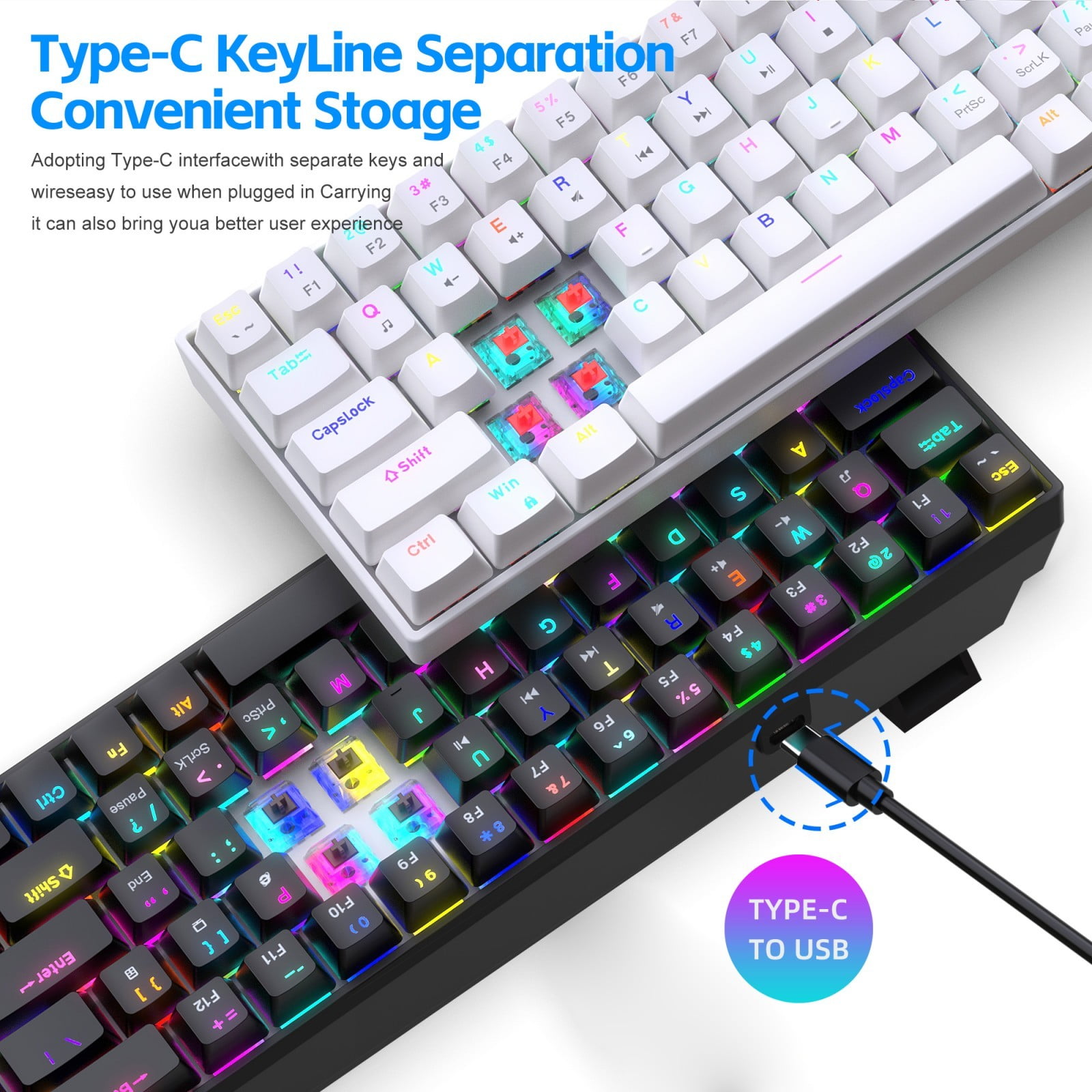Ergonomic Color Keyboard Hot Swappable Red/Brown Switches 19 Dynamic Light Effects Portable Layout For