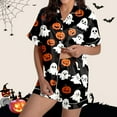 thumbnail image 2 of Xmyrz Pajama Sets For Women 2 Piece Outfits Silk Satin Short Sleeve Button Up Pumpkin Ghost Print Shorts Set Casual Halloween Sleepwear Pj Clothes Sets, 2 of 7