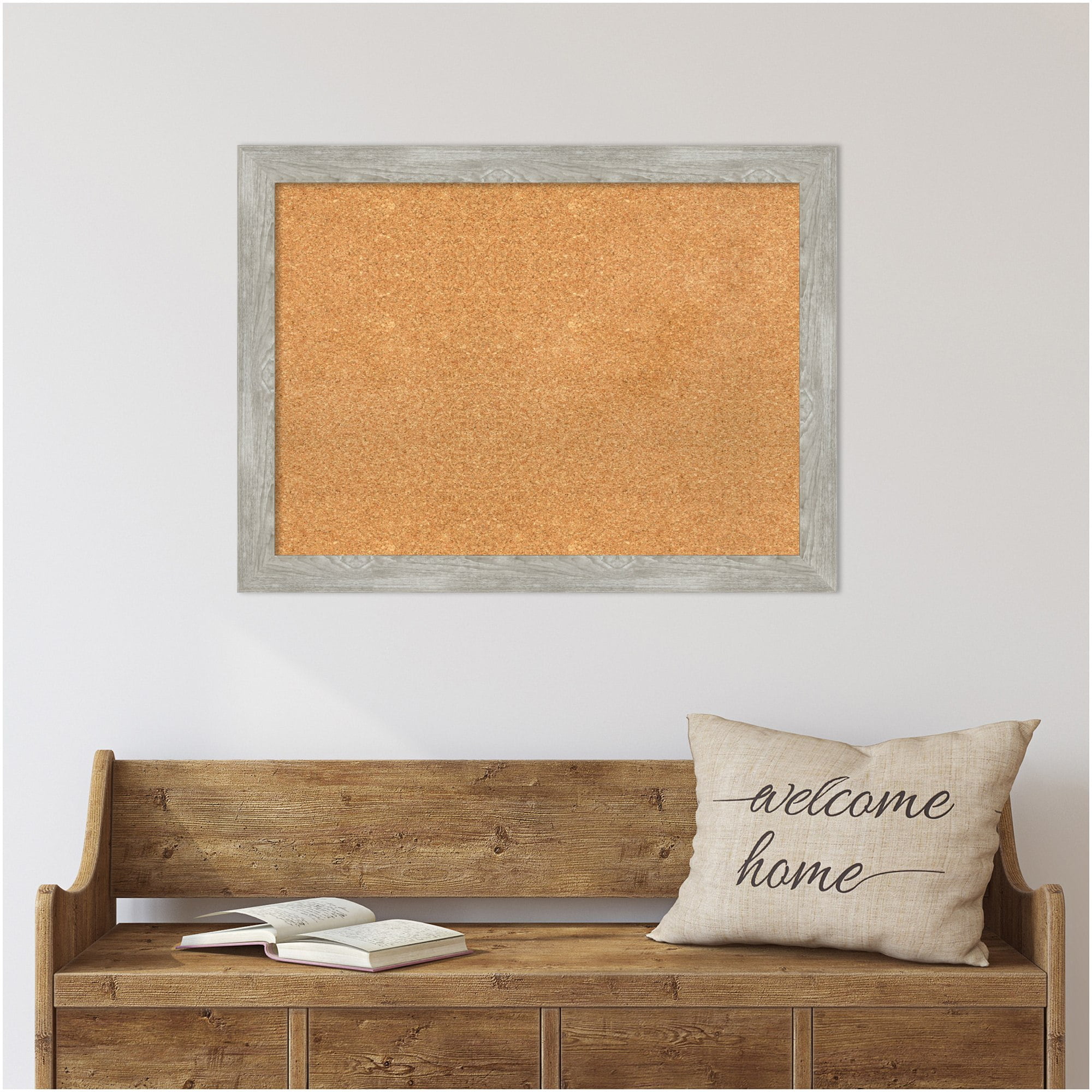 Amanti Art Natural Cork Board Framed Dove Greywash Narrow Bulletin Board 32 in. x 24 in.