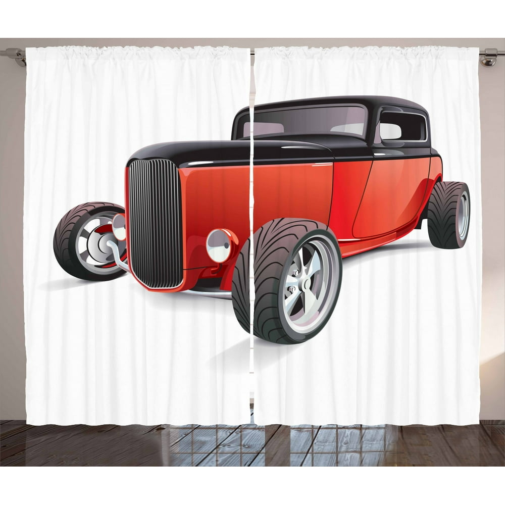 Cars Curtains 2 Panels Set, Nostalgia Red Hot Rod American Culture