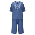thumbnail image 4 of Womens Summer Linen 2 Piece Set Embroidered V Neck Button Shirt and Knee Length Casual Shorts Beach Vacation Outfits Blue XL, 4 of 7