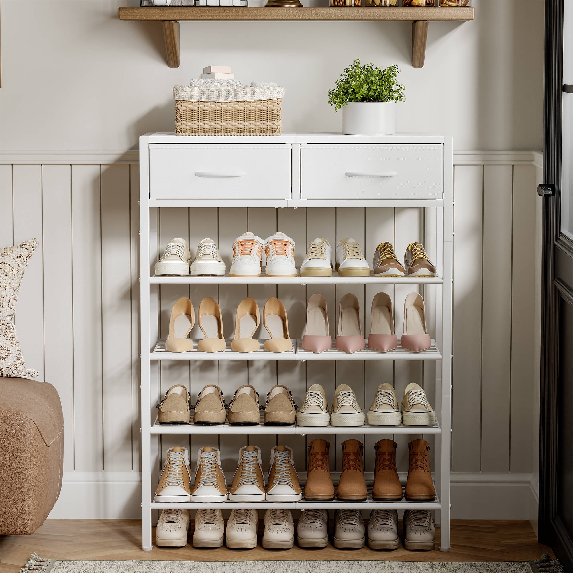 BGTREND 5-Tier Shoe Rack Organizer with Wooden Top and 2 Fabric Drawers, Shoe Stand Shelf for Entryway Hallway, White