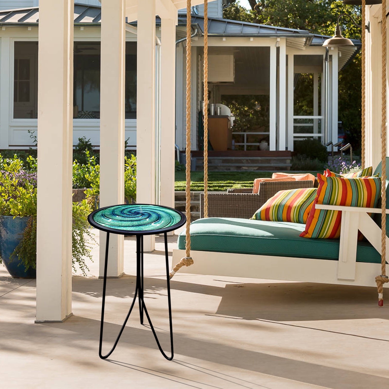 Liffy Green Glass Side Table - 20" Height Vortex Metal End Table with Plant Stand for Living Room, Balcony, Porch