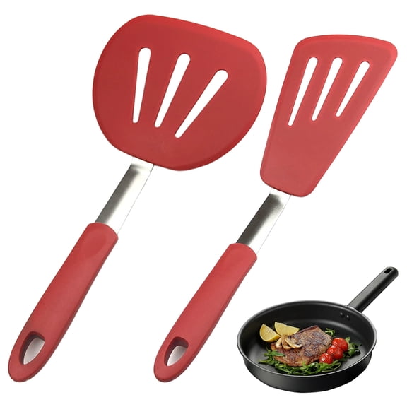 2 Pack Silicone Slotted Spatula Set for Nonstick Cookware, Heat Resistant Kitchen Turner Set for Frying, Cooking and Serving,Red