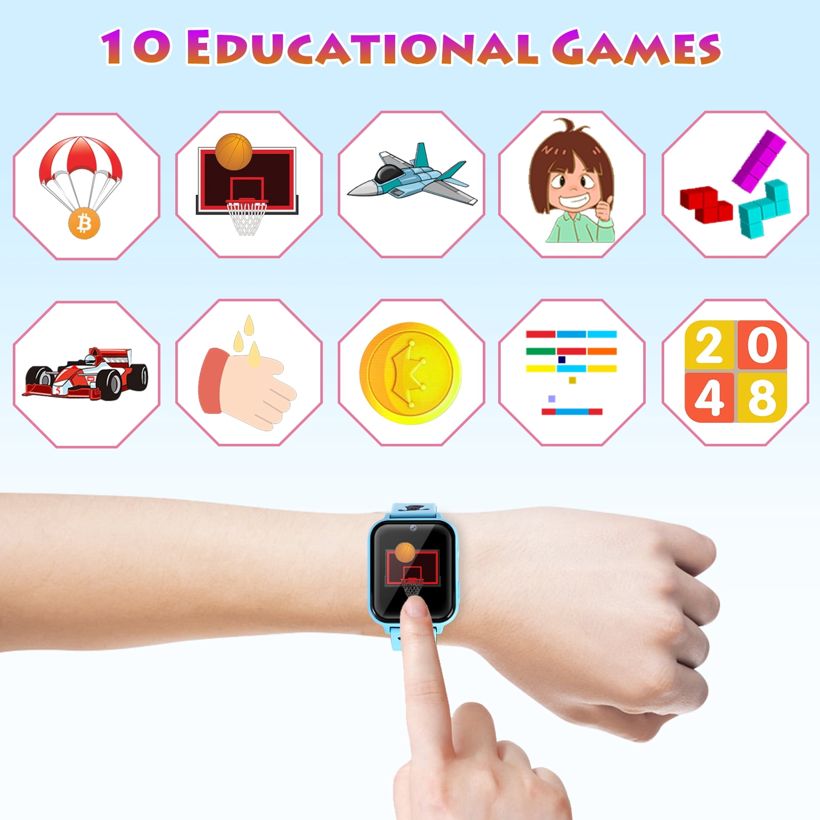 Kids Smart Watch for Boys Girls -Gifts for 4-12 Year Old Kids, 10 Funny Games SOS Call Music Player Camera Alarm Clock Calculator, Educational Learning Toys (Blue)