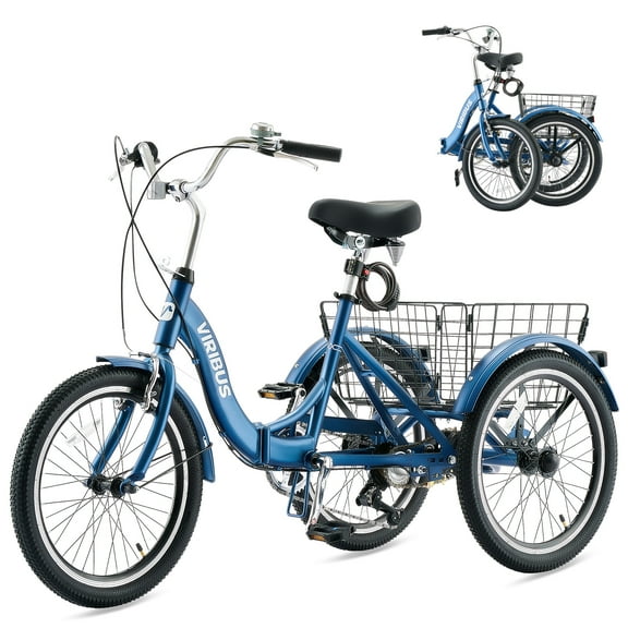 Vribus  7 Speed Folding Adult Tricycles 20 inch Three Wheel Bike Cruiser Trike for Adults Blue