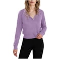 thumbnail image 2 of Otntypg Women Half Zip Up Cropped Lapel Sweatshirt Lightweight Casual Fall Winter Quarter Zipper V Neck Long Sleeve Pullover Tops Trendy 2025 Outfit Clothes Purple L, 2 of 7