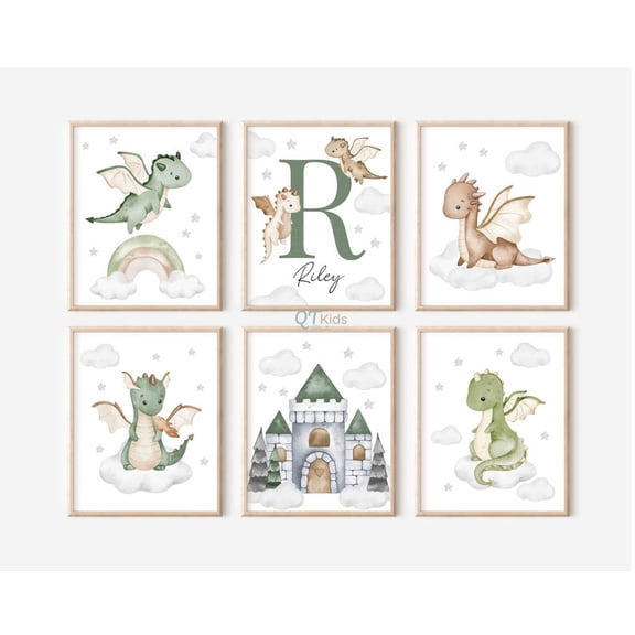 Boy Name Room Wall Art, Fairytale Playroom Decor, Baby Kids Room Baby Dragon Posters 8X12 UNFRAMED