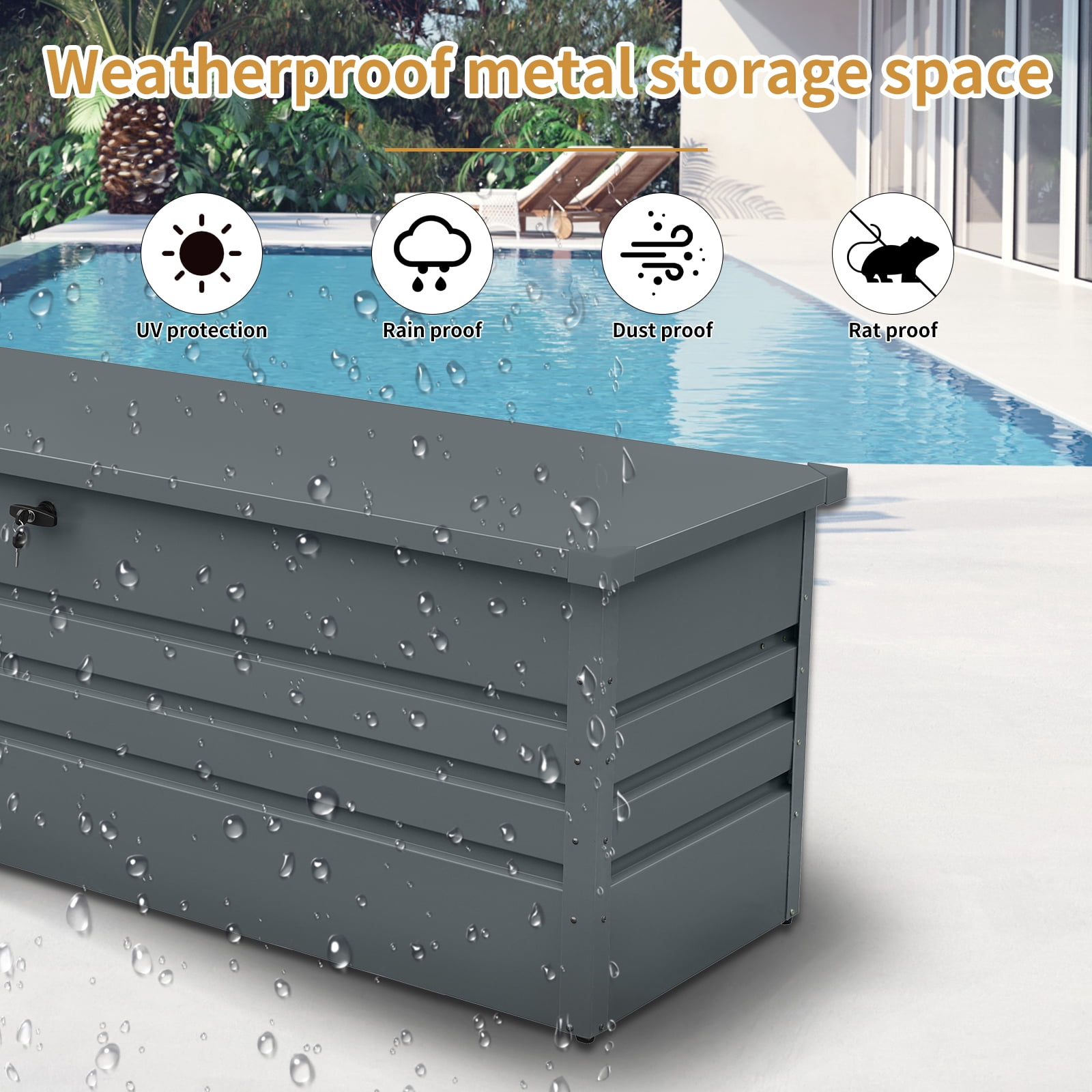 260 Gallon Metal Outdoor Deck Box Waterproof, Extra Large Patio Storage Box with Lockable Storage Containers for Patio Furniture Cushions, Pool Accessories, Garden Tools, Dark Gray