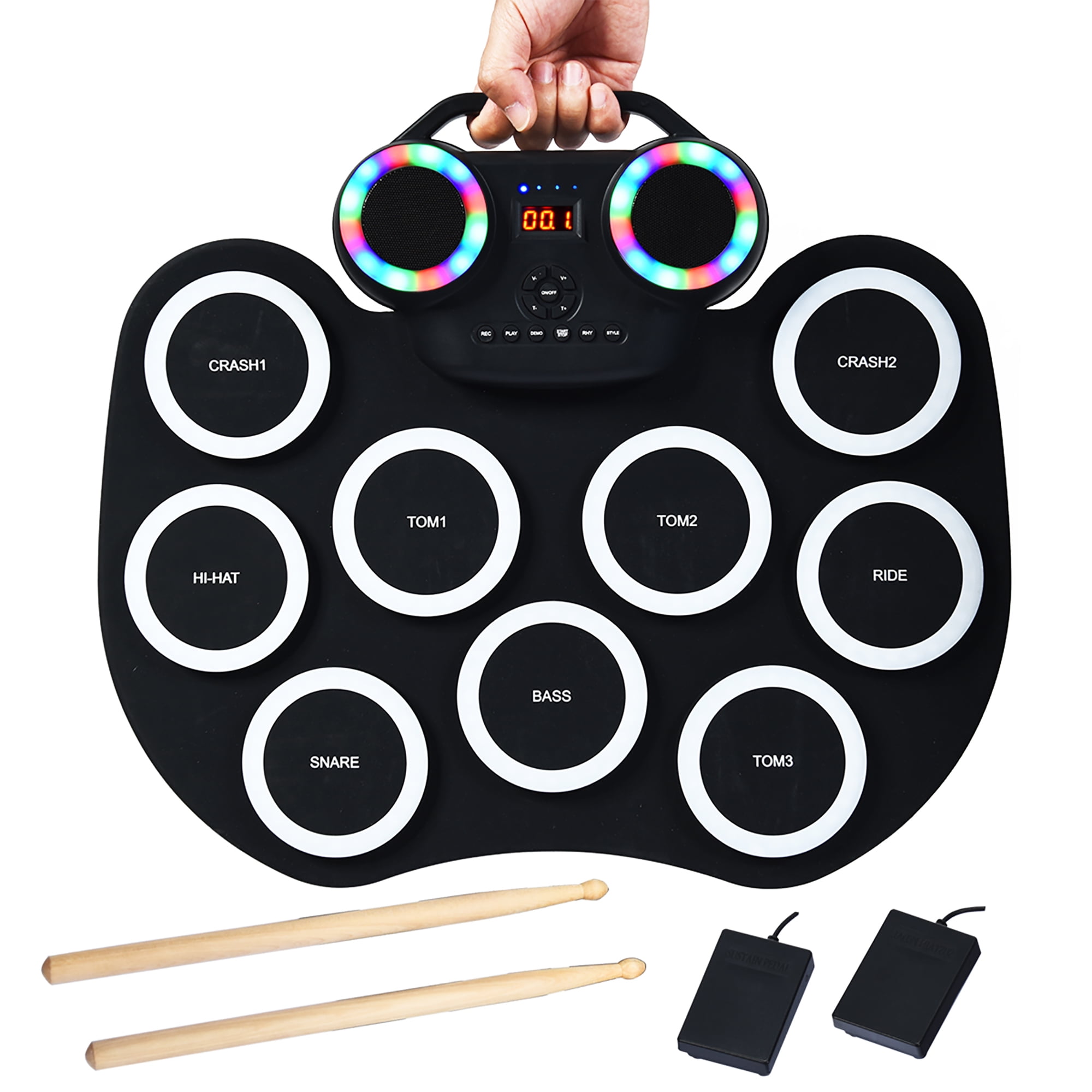 7 Tones & Rhythms Black 2 Built-in Speakers Foot Pedals Costzon 9 Pads Electronic Roll up Drum with LED Light for Beginners Kids MIDI 10 Demos Portable Drum Kit w/Bluetooth 
