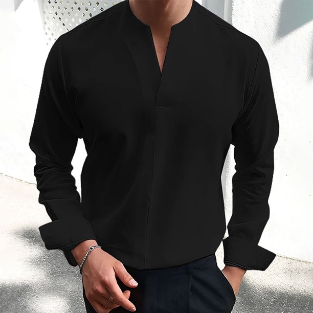 Blusas y camisas de manga larga con cuello en V para hombre, blusa informal de manga larga lisa con cuello en V, blusa de poliéster para hombre