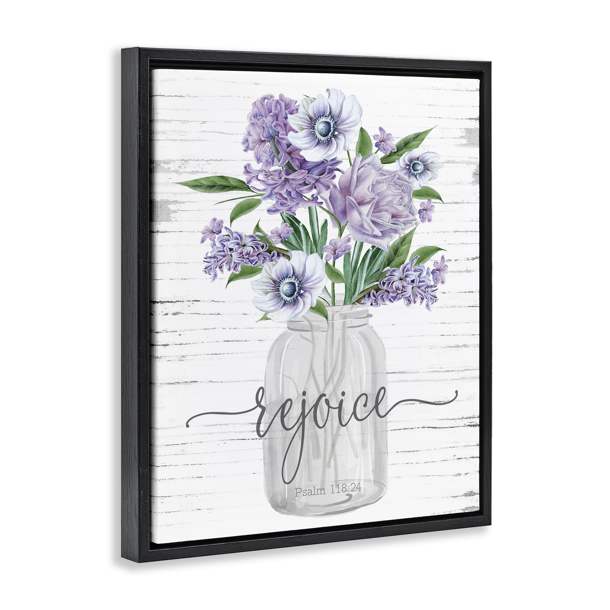 Stupell Industries Purple Rejoice Bouquet Religious Painting Black Floater Framed Canvas Art Print Wall Art, 25 x 31