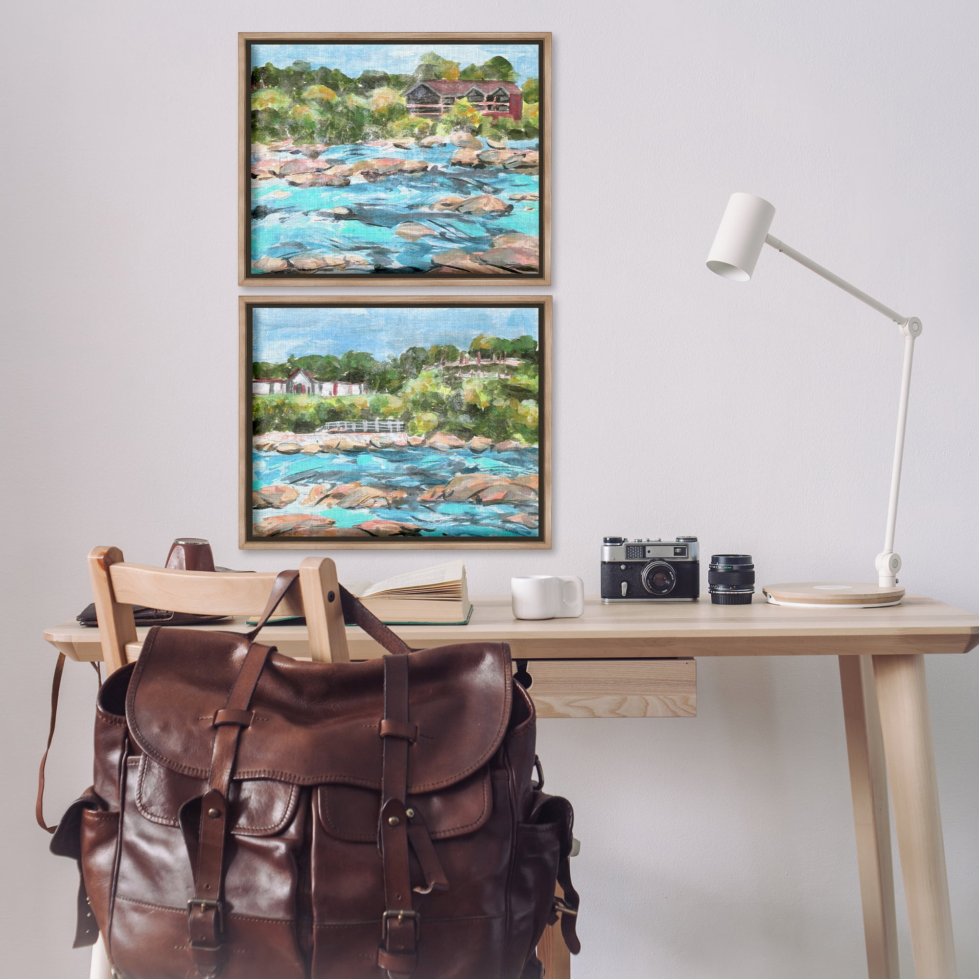 Stupell Industries Flowing River Rocks Nautical & Beach Painting Brown Floater Framed Canvas Art Print Wall Art, 21 x 17, Set of 2