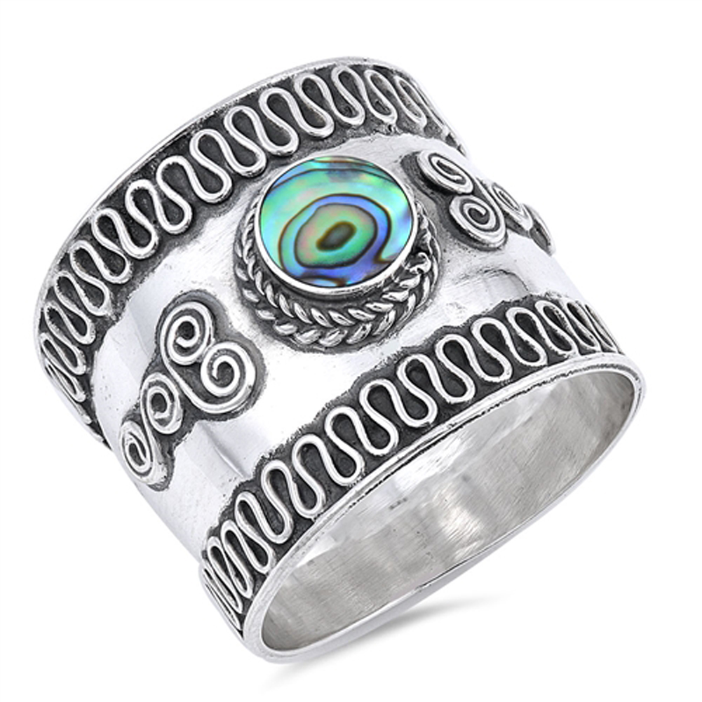 Wave Swirl Simulated Abalone Wide Thin Bali Ring ( Sizes 6 7 8 9 10 11 12 )  New .925 Sterling Silver Band Rings (Size 6)