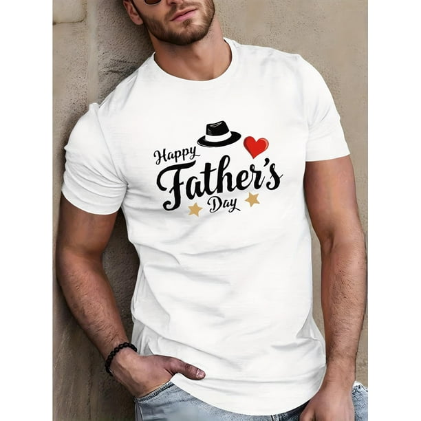 Men'S Father'S Day Graphic T-Shirt - Black Casual Crew Neck Short Sleeve Tee with "Happy Father'S Day" Print, Breathable Soft Cotton for Summer Outdoor Activities & Casual Attire, Fathe