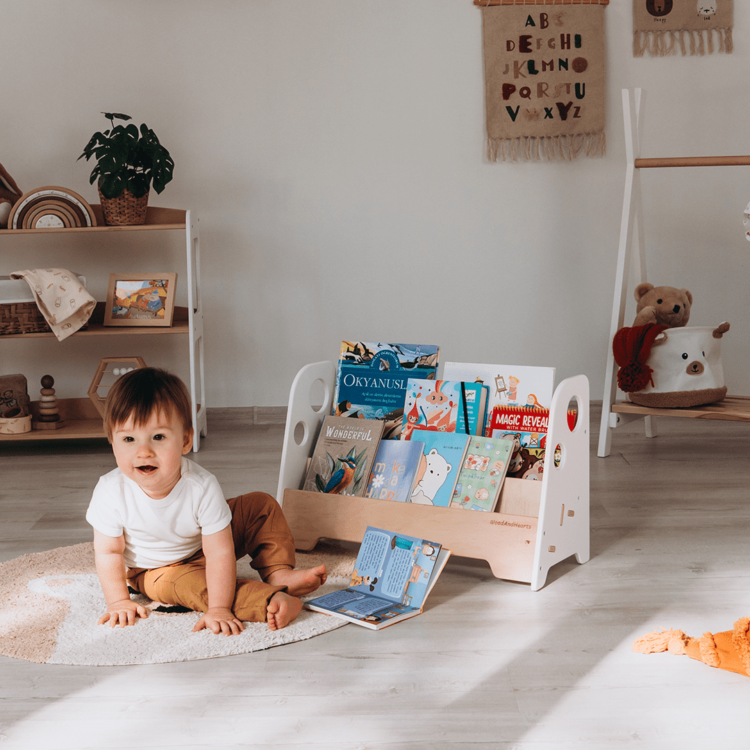 WoodandHearts Montessori Wooden 2-Shelves Adam Floor Bookshelf for Toddlers, White and Natural Wood