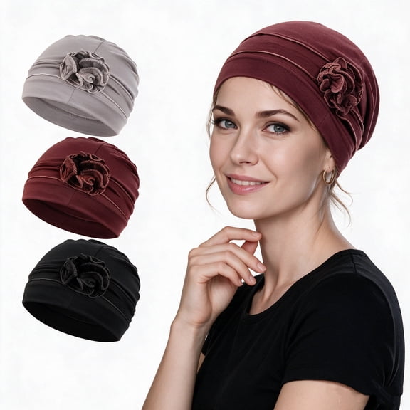RYLZX 3 Pcs Chemo Headwear Turbans Cap Beanie Hat Head Wraps Hair Coverings for Women Sleep Cap Chemo Cancer Hat with Flower Design (3 Colors)