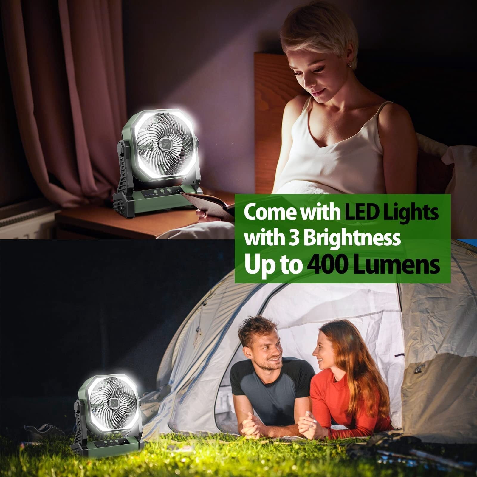 20000mAh Battery Powered Fan, Portable Rechargeable Desktop/Camping Fan with Light and Hook, 270° Rotation 4 Speed ​​Battery Powered Outdoor Fan for Tent, Car Travel, Sleeping, Hurricane,
