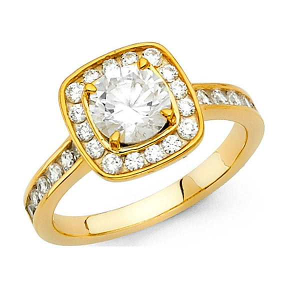 Square Halo CZ Engagement Ring 14k Yellow Gold Anniversary Round CZ Solitaire Band Side Stones Size 7