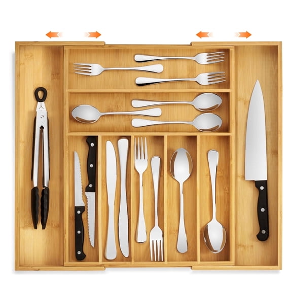 Expandable Bamboo Silverware Drawer Organizer, 9-Slot Large Utensil Tray for Kitchen, Adjustable Cutlery Holder for Spoons Forks Knives, Natural Wood Storage Insert