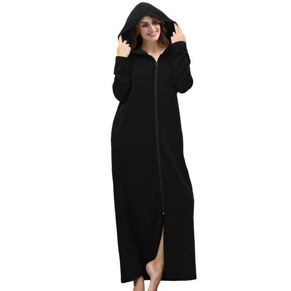 ANLIQI Women's Zip Up Robes Long Sleeve Hooded Fleece Bathrobe Soft Warm Housecoat Loungewear with Pockets(Black,L)