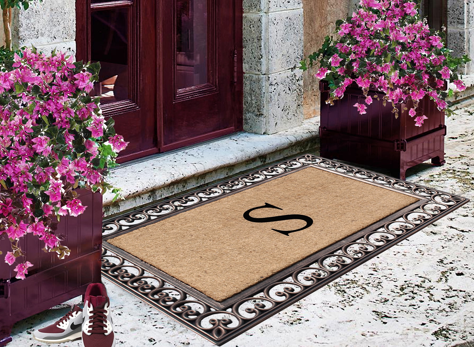 A1HC First Impression Natural Brown Rubber And Coir Classic Paisley Border Extra-large Double door Monogrammed Doormat - 30" x 48"