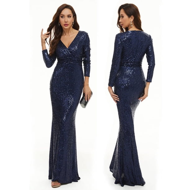 Vestido de cola de pez con lentejuelas y escote en V y manga larga, vestido de noche para banquete de anfitriona, vestido largo para mujer, vestido de dama de honor, vestido para brindis