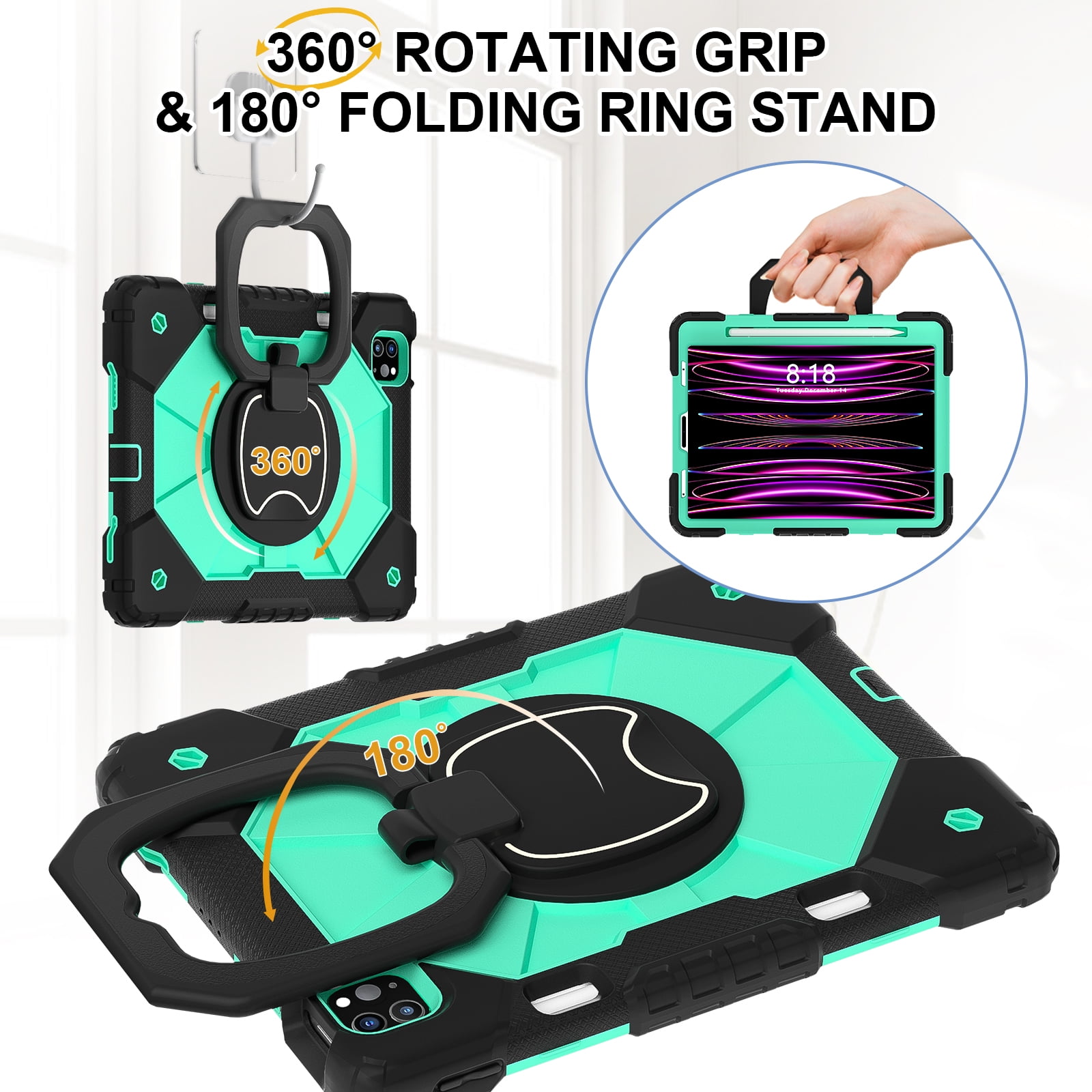 Shockproof Case for Apple iPad Pro 11 M4 2024, Build in Pencil Holder Rotating Stand Shoulder Strap Bumper Shockproof Rugged Kids Friendly Case Cover for iPad Pro 11 Inch M4 2024, Black+Mint