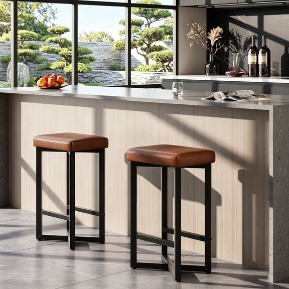 Counter Height Bar Stools Set of 4, 24.6 Inch PU Leather Upholstered Barstools with Thick Cushion, Modern Backless Kitchen Island Stools for Dining Room, Pub, Cafe, Brown
